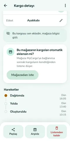 Kargo detayının alt kısmı: Hareketler zaman çizelgesinde Dağıtımda, Yolda ve Oluşturuldu adımları saatleriyle sıralanmış.