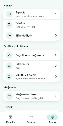 Ayarlar ekranı: e-posta, telefon ve şifre; engellenen mağazalar, bildirimler, Gizlilik ve KVKK; Mağazadan iste.