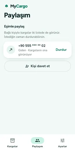 Paylaşım ekranı: Eşimle paylaş bölümünde karşı tarafın telefon numarası maskelenmiş, yanında Durdur düğmesi; altta Kişi davet et düğmesi.